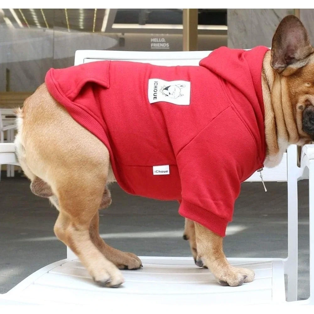 Ichoue Classic Full Zip French Bulldog Hoodie Sweatshirt - Red - XL (45-55 lbs)